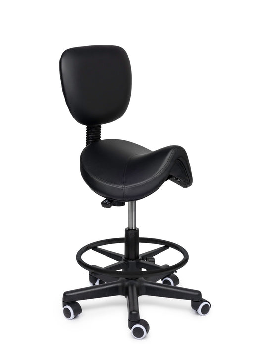 Premium zadelkruk met rugleuning en voetring • Zwart • Laag/Standaard/Hoog