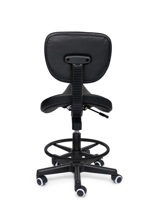 Premium zadelkruk met rugleuning en voetring • Zwart • Laag/Standaard/Hoog