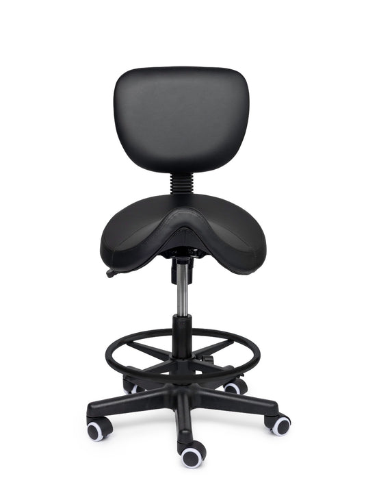 Premium zadelkruk met rugleuning en voetring • Zwart • Laag/Standaard/Hoog