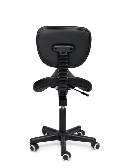 Premium zadelkruk met rugleuning • Zwart • Laag/Standaard/Hoog