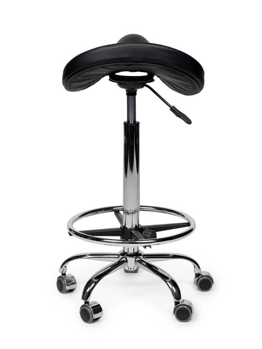 Premium zadelkruk met voetring • Zwart • Hoog