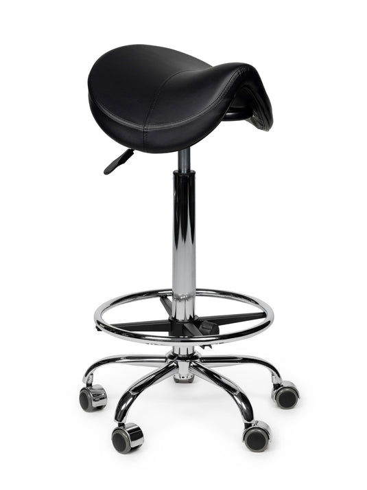 Premium zadelkruk met voetring • Zwart • Hoog