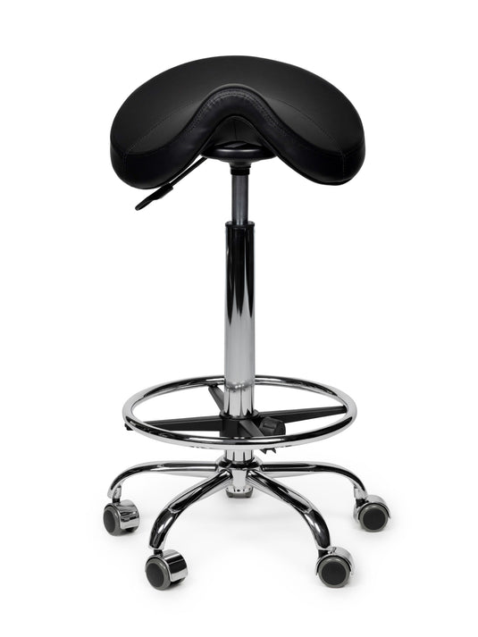 Premium zadelkruk met voetring • Zwart • Hoog