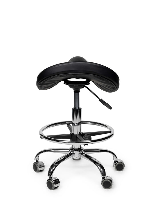 Premium zadelkruk met voetring • Zwart • Laag