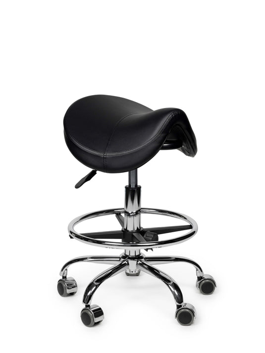 Premium zadelkruk met voetring • Zwart • Laag