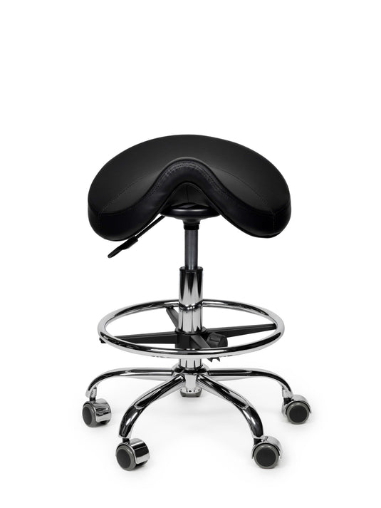 Premium zadelkruk met voetring • Zwart • Laag