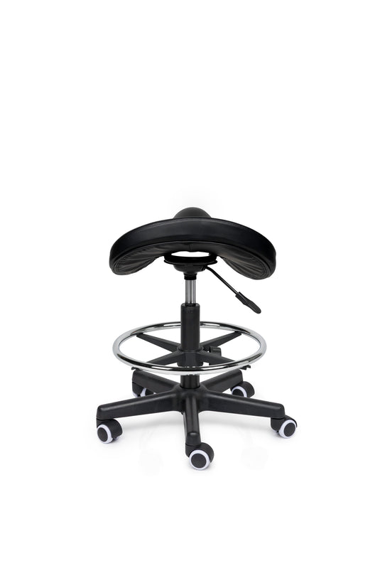 Premium zadelkruk met voetring • Zwart • Laag/Standaard/Hoog