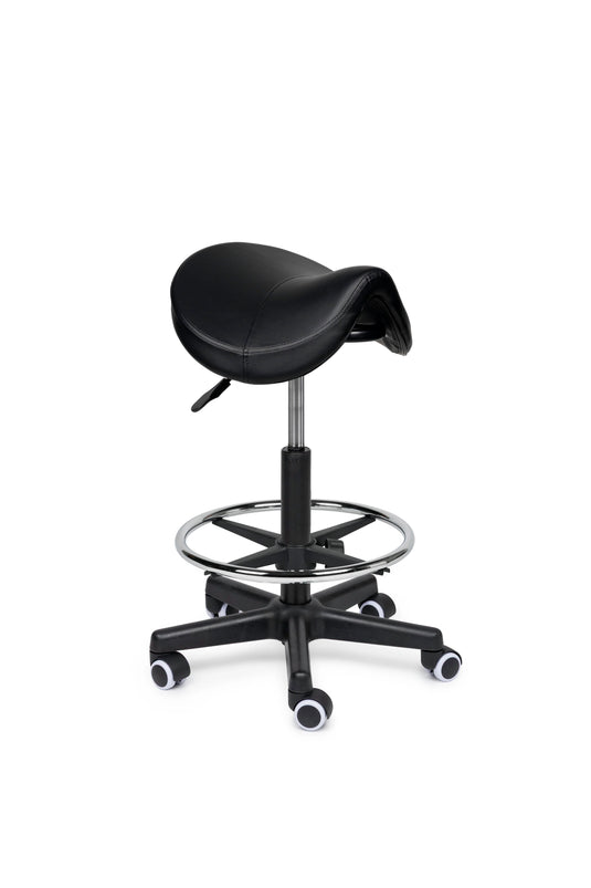 Premium zadelkruk met voetring • Zwart • Laag/Standaard/Hoog