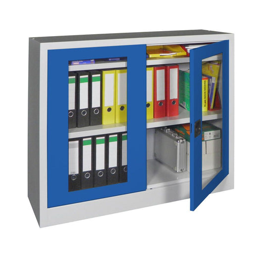 Metalen materiaalkast met kijkvensters • Gentiaanblauw