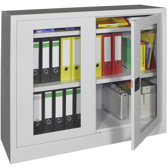 Metalen materiaalkast met kijkvensters • Lichtgrijs