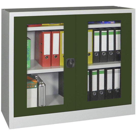 Metalen materiaalkast met kijkvensters • Resedagroen