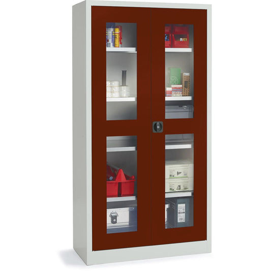 Metalen materiaalkast met kijkvensters • Robijnrood