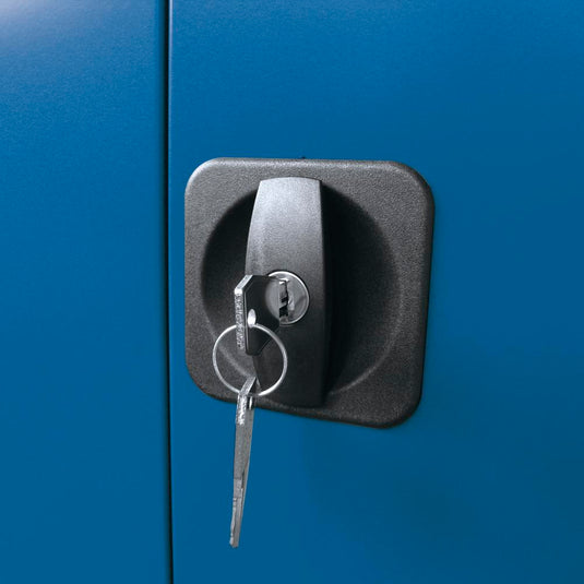 Metalen materiaalkast met kijkvensters • Gentiaanblauw