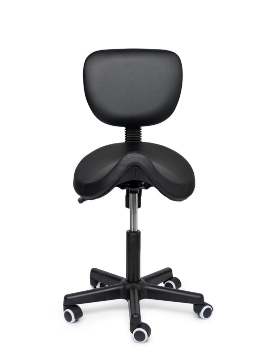 Premium zadelkruk met rugleuning • Zwart • Laag/Standaard/Hoog