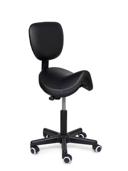 Premium zadelkruk met rugleuning • Zwart • Laag/Standaard/Hoog