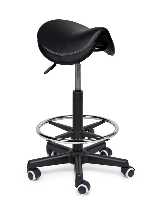 Premium zadelkruk met voetring • Zwart • Laag/Standaard/Hoog