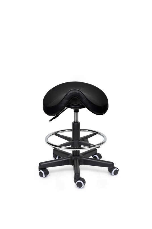 Premium zadelkruk met voetring • Zwart • Laag/Standaard/Hoog