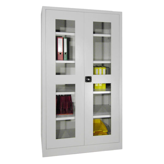 Metalen materiaalkast met kijkvensters •  Lichtgrijs