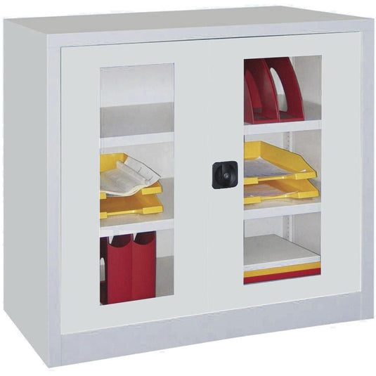 Metalen materiaalkast met kijkvensters •  Lichtgrijs