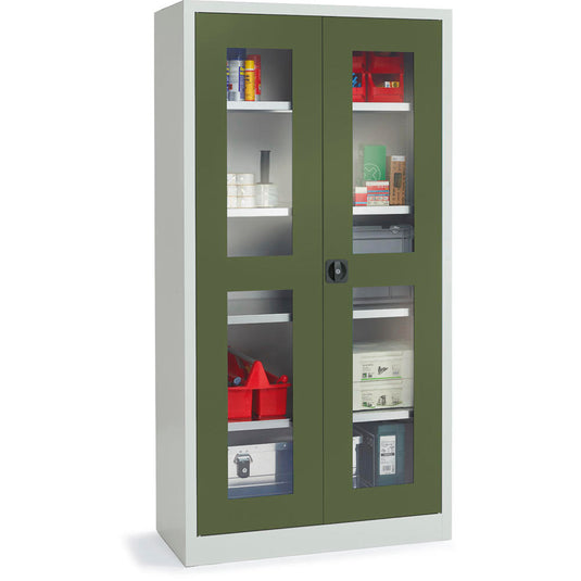 Metalen materiaalkast met kijkvensters • Resedagroen