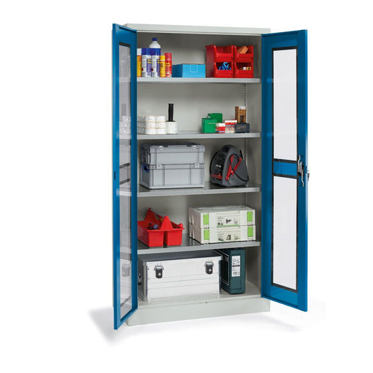 Metalen materiaalkast met kijkvensters •  Gentiaanblauw