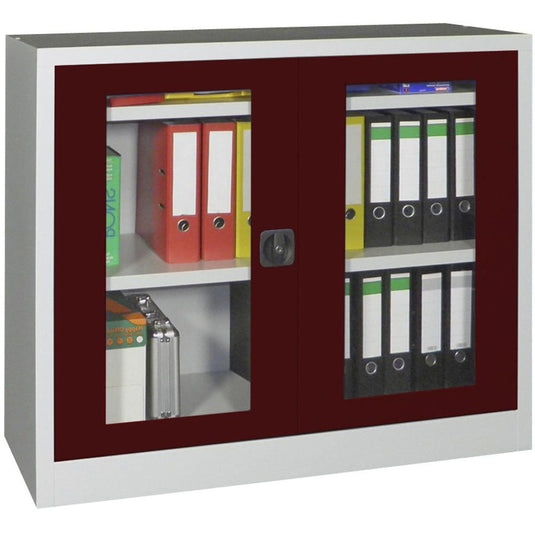 Metalen materiaalkast met kijkvensters • Robijnrood